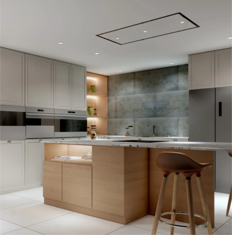 Cocina terminada con isla de madera y frentes claros